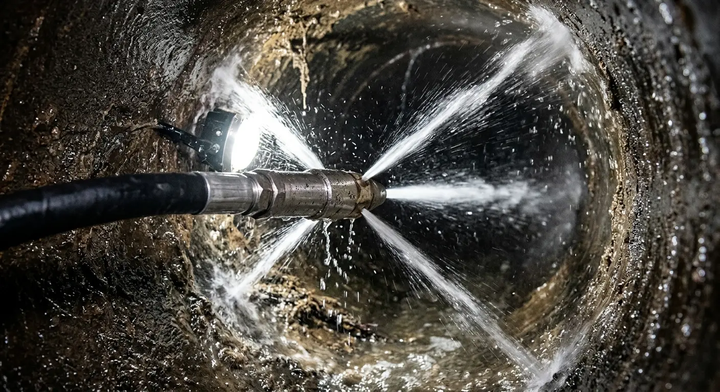 High-pressure hydro jetting nozzle cleaning sewer pipe for Emergency Drain Service in East Wenatchee