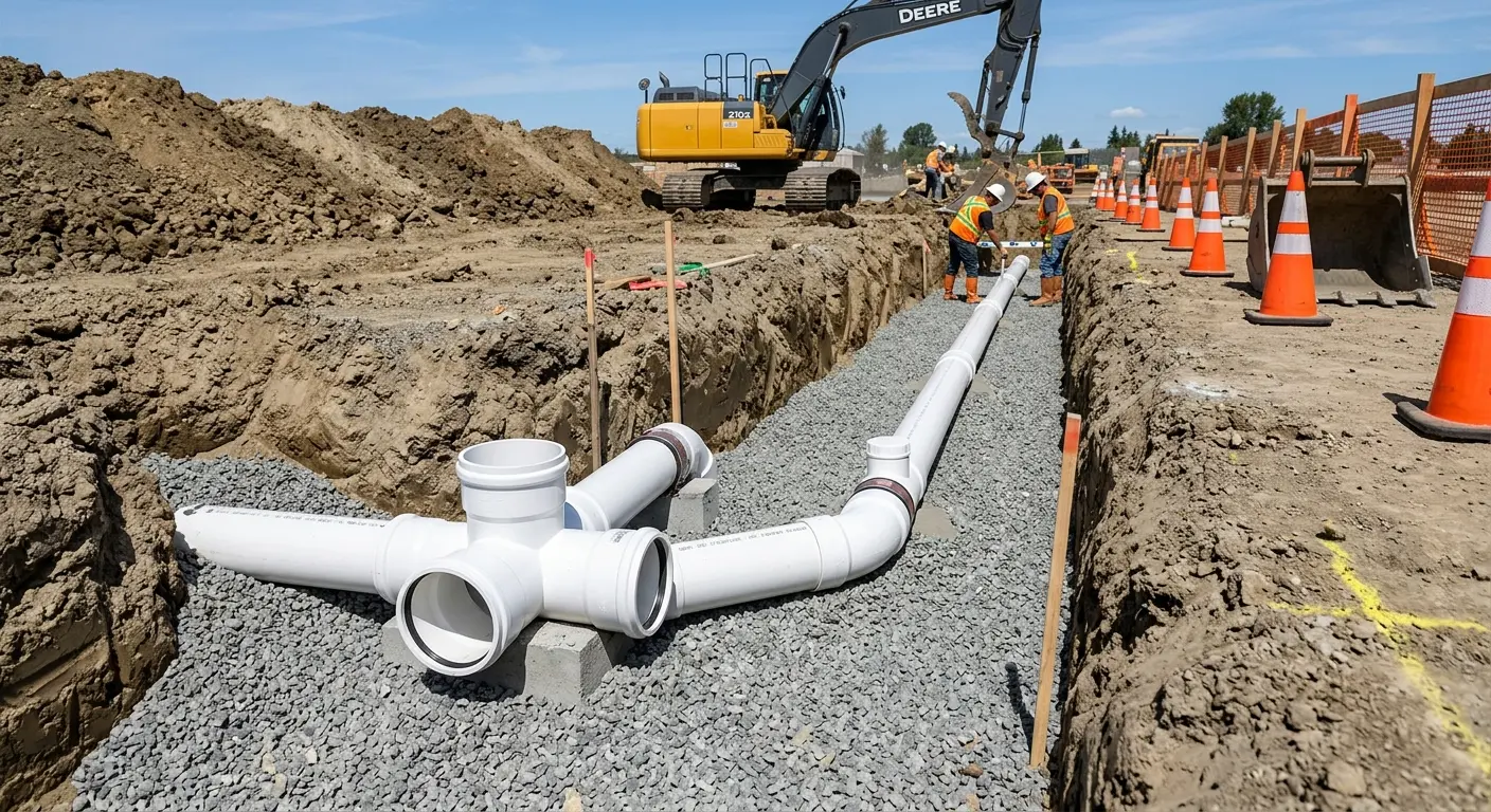 New PVC sewer pipe installation in open trench for Commercial Drain Cleaning in East Wenatchee