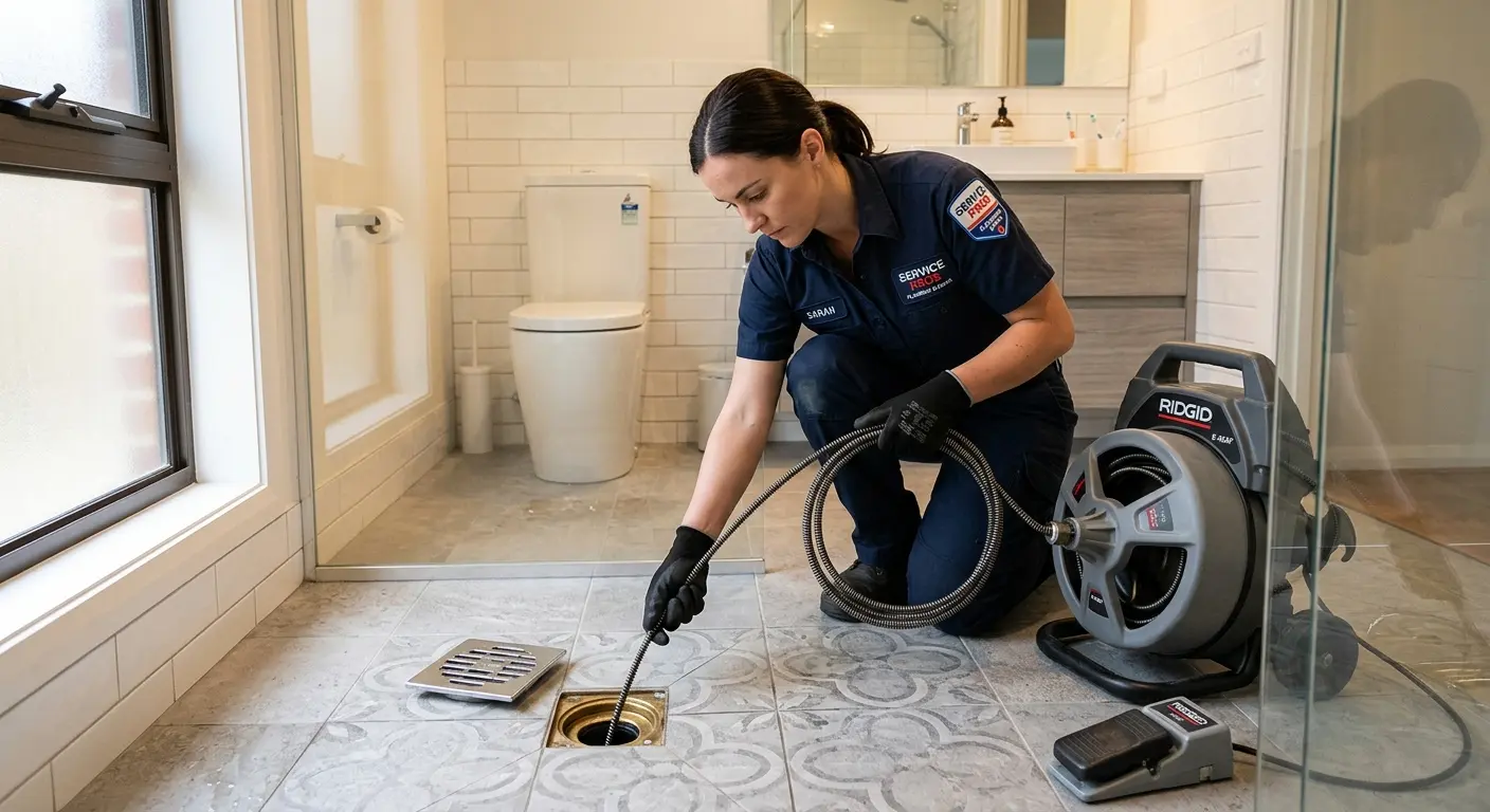 Technician clearing a bathroom floor drain for Clogged Drain Repair in East Wenatchee